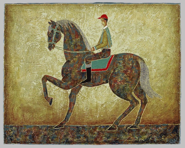 Un cavalier à la casquette rouge et son fier chaval. Un tableau texturé au fond lumineux (jaune et brun).