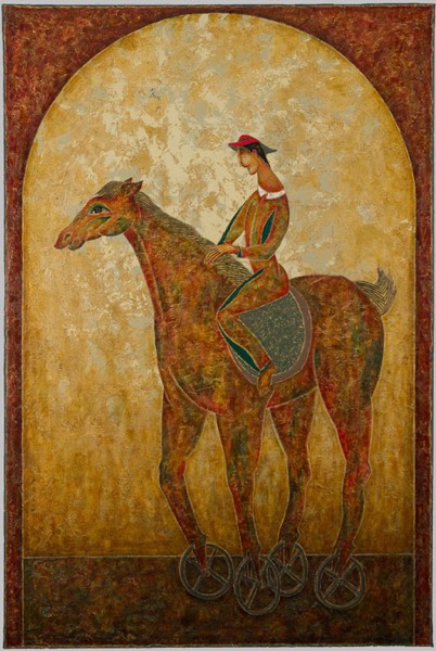 Un cheval, son cavalier et une arcane. Un habit et un chapeau aux couleurs du cirque. Des tons riches de jaune et de rouge.