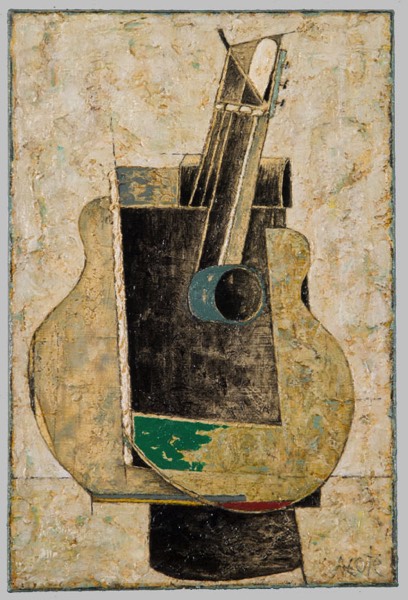 Une guitare peinte à la manière cubiste (déformée et abstraite) sur fond beige.