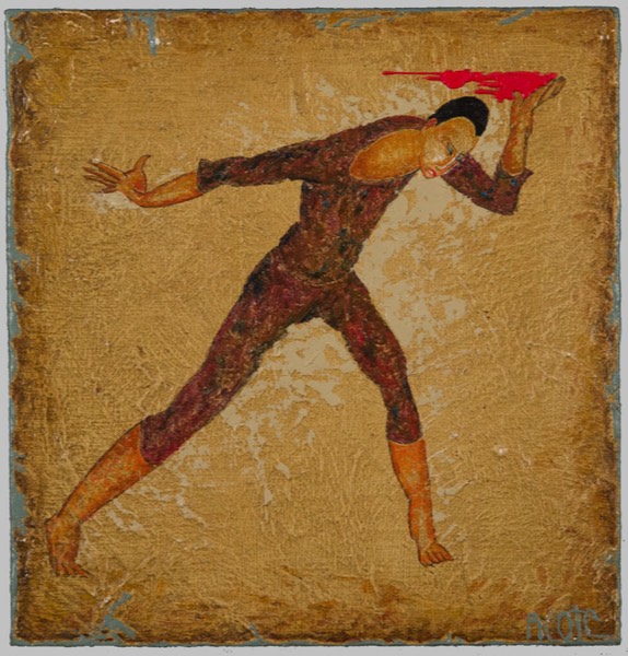 Un homme danse. Une tache de rouge est dans sa main. Un tableau texturé au fond beige avec un effet craquelé.