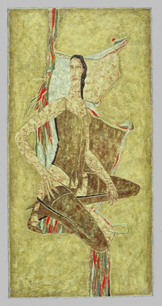 Une femme en déshabiléée beige tient la pose. Le fond du tableau est jaune.