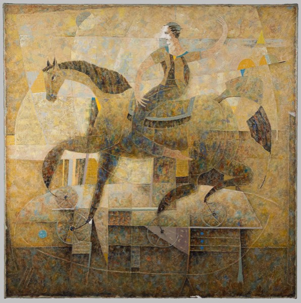 Un tableau représentant un homme à cheval en mouvement sur un fond texturé jaune.