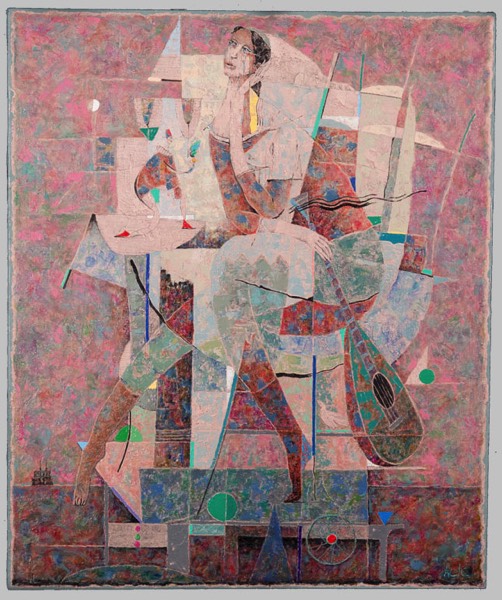 Un tableau représentant une musicienne (avec un luth) est perdue dans ses pensée suite à une déclaration d