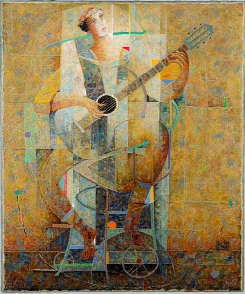 Ce tableau met en vedette un guitariste jouant de son instrument sous les feux de la rampe. Le fond texturé lumineux des jaunes est parsemé de touches vertes, grises et bleues soigneusement équilibrées.