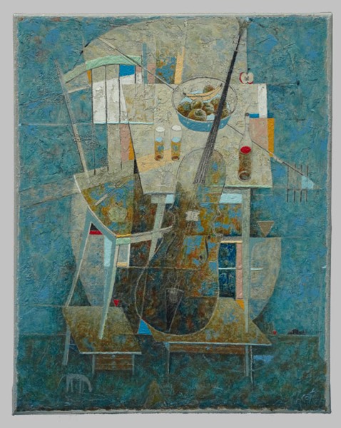 Un tableau évoquant une bonne bouffe avec de la musique classique. Une chaise, une table et un violoncelle ont été superposés à la maniaère cubiste. Les restes d