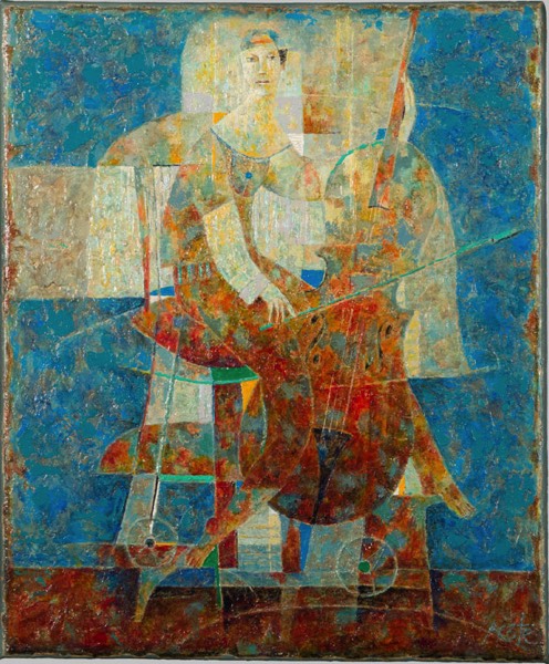 Un tableau évoquant un musicien avec son violoncelle. Il arbore une casquette. La scène est sur fond texturé bleu avec un sol rouge.