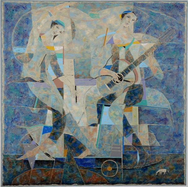 Une peinture avec des vagues de bleu texturé et des touches pastelles. Elle représente une danseuse laissant libre cours à son imagination face à la musique d