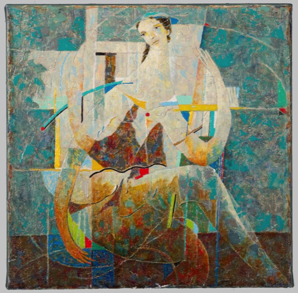 Cette peinture montre une femme au rgard tourné vers la gauche, au long coup, aux mains surdimensionnées et à la jambe sybilline se démarquant devant un fond texturé turquoise.