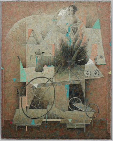 Une peinture représentant un homme assis sur un trycycle près d