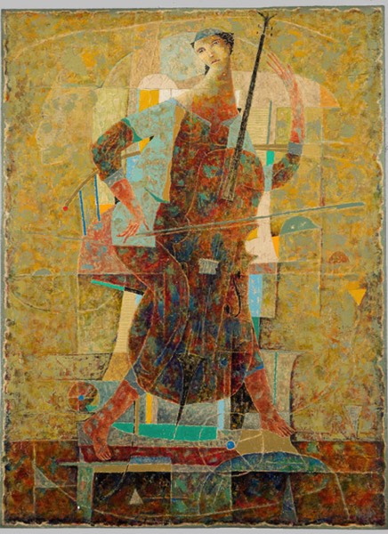 Cette peinture est un hymne à la musique. Cette femme et son violoncelle se démarquent sur un fond texturé jaune et orangé.